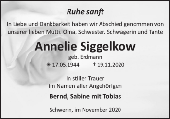 Traueranzeige von Annelie Siggelkow von Zeitung für die Landeshauptstadt