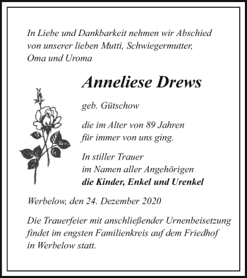 Traueranzeige von Anneliese Drews von Prenzlauer Zeitung