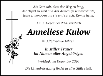 Traueranzeige von Anneliese Kulow von Strelitzer Zeitung