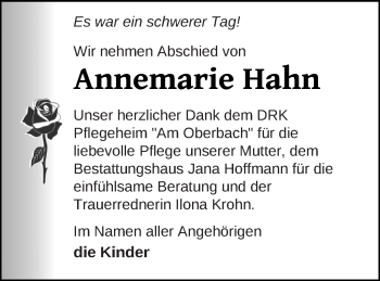 Traueranzeige von Annemarie Hahn von Neubrandenburger Zeitung