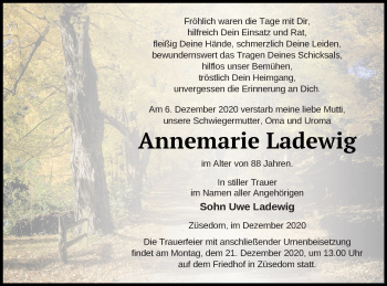 Traueranzeige von Annemarie Ladewig von Pasewalker Zeitung