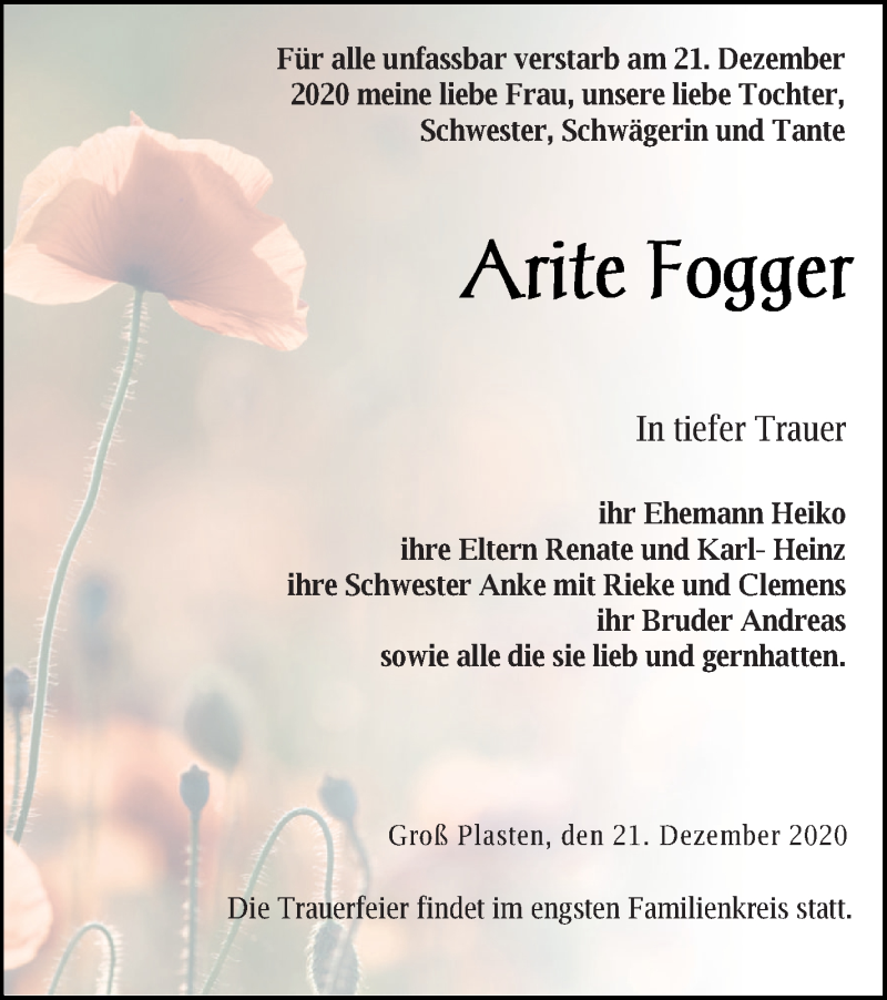  Traueranzeige für Arite Fogger vom 30.12.2020 aus Mecklenburger Schweiz