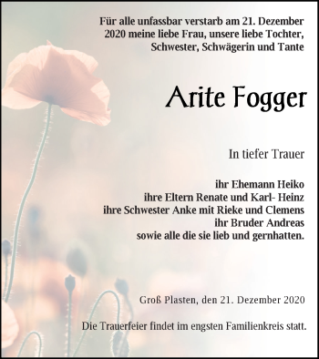 Traueranzeige von Arite Fogger von Müritz-Zeitung