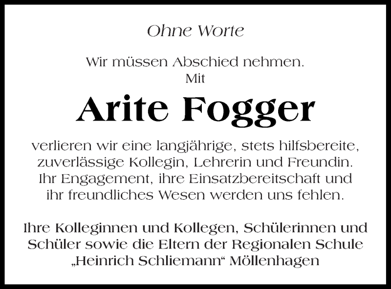  Traueranzeige für Arite Fogger vom 31.12.2020 aus Müritz-Zeitung