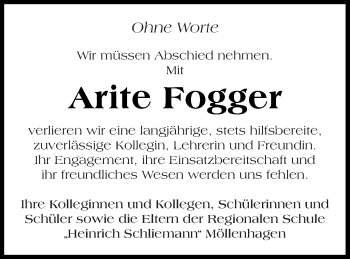 Traueranzeige von Arite Fogger von Müritz-Zeitung