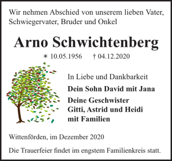 Traueranzeige von Arno Schwichtenberg von Zeitung für die Landeshauptstadt