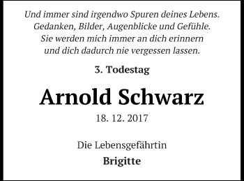 Traueranzeige von Arnold Schwarz von Neubrandenburger Zeitung