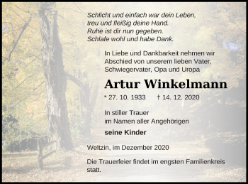 Traueranzeige von Artur Winkelmann von Neubrandenburger Zeitung