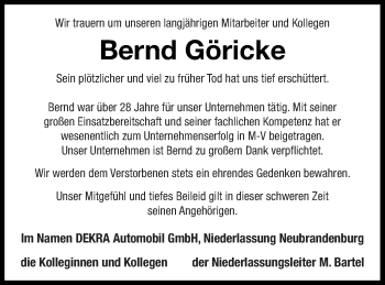 Traueranzeige von Bernd  Göricke von Mecklenburger Schweiz