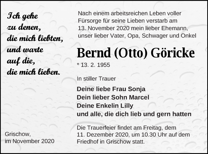  Traueranzeige für Bernd  Göricke vom 02.12.2020 aus Mecklenburger Schweiz