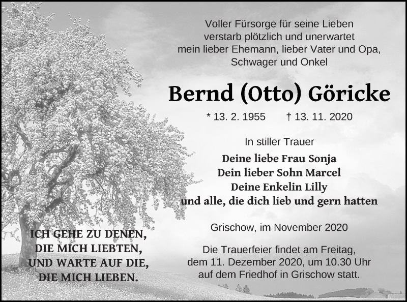  Traueranzeige für Bernd  Göricke vom 03.12.2020 aus Mecklenburger Schweiz
