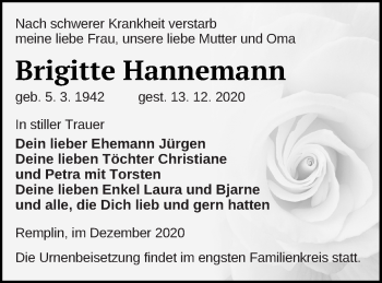 Traueranzeige von Brigitte Hannemann von Mecklenburger Schweiz