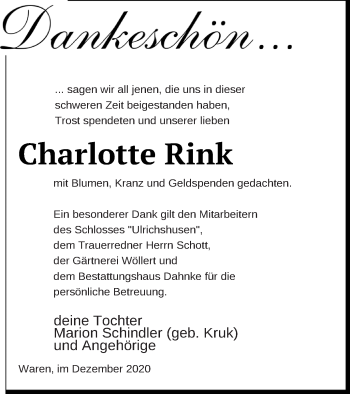 Traueranzeige von Charlotte Rink von Müritz-Zeitung