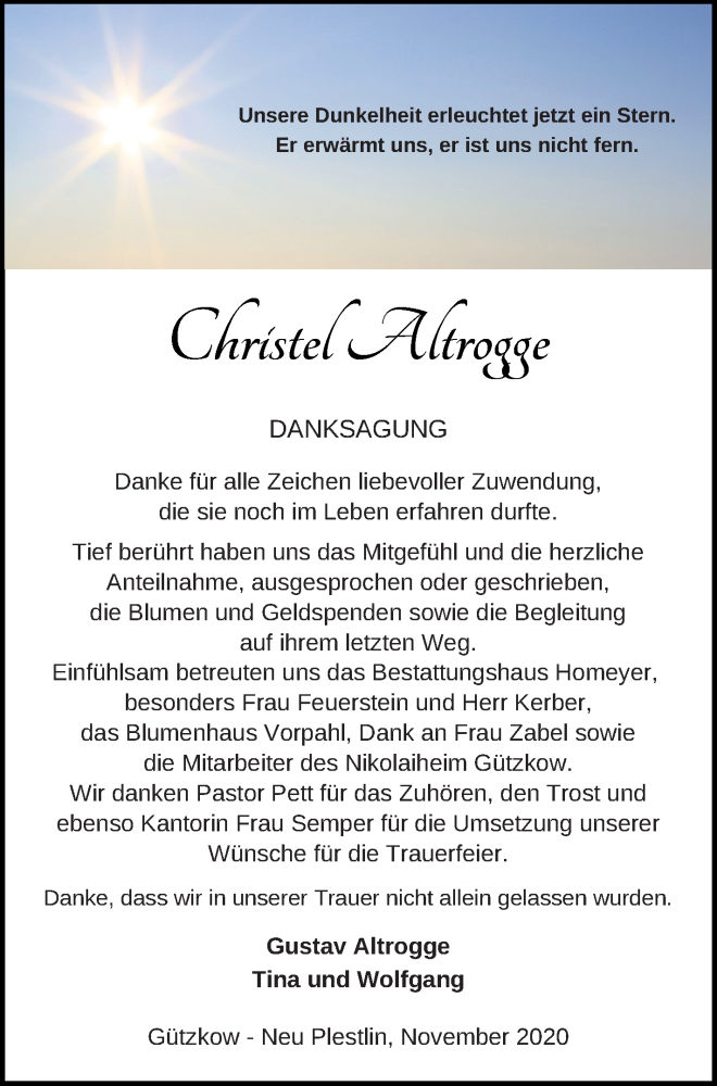  Traueranzeige für Christel Altrogge vom 08.12.2020 aus Vorpommern Kurier