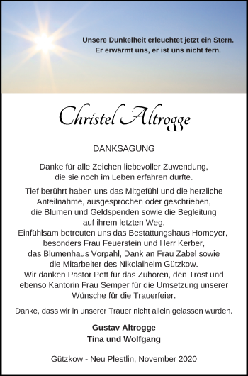 Traueranzeige von Christel Altrogge von Vorpommern Kurier