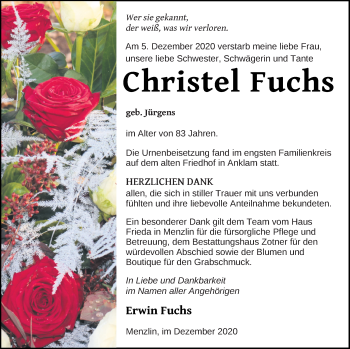 Traueranzeige von Christel Fuchs von Vorpommern Kurier