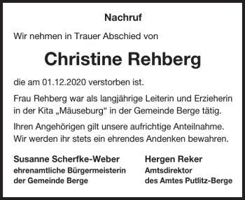 Traueranzeige von Christine Rehberg von Der Prignitzer