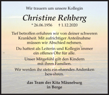 Traueranzeige von Christine Rehberg von Der Prignitzer