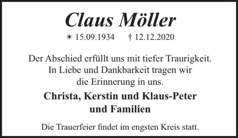  Traueranzeige für Claus Möller vom 17.12.2020 aus Parchimer Zeitung