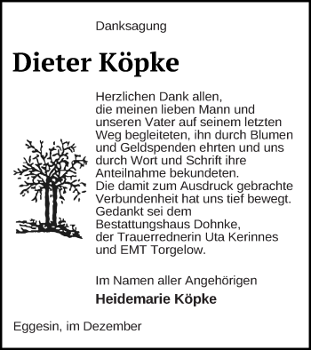Traueranzeige von Dieter Köpke von Haff-Zeitung