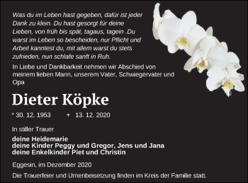 Traueranzeige von Dieter Köpke von Haff-Zeitung