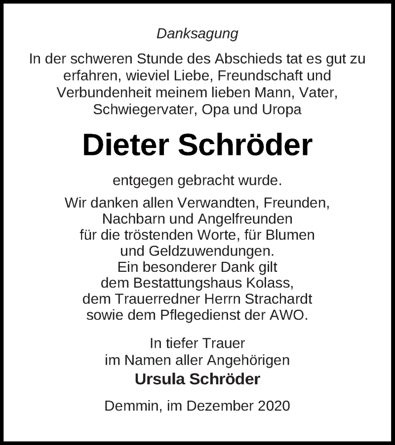  Traueranzeige für Dieter Schröder vom 18.12.2020 aus Demminer Zeitung