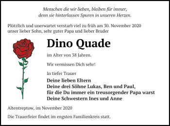 Traueranzeige von Dino Ouade von Neubrandenburger Zeitung