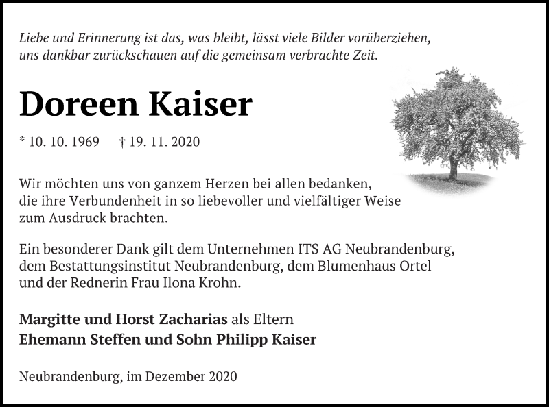  Traueranzeige für Doreen Kaiser vom 18.12.2020 aus Neubrandenburger Zeitung