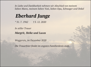 Traueranzeige von Eberhard Junge von Neubrandenburger Zeitung