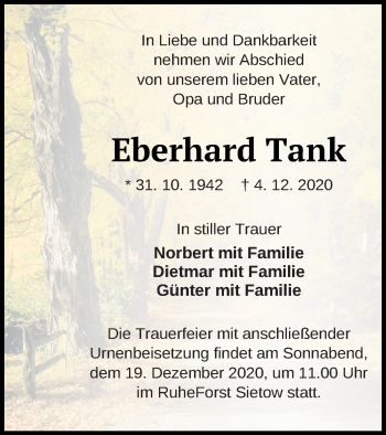 Traueranzeige von Eberhard Tank von Müritz-Zeitung