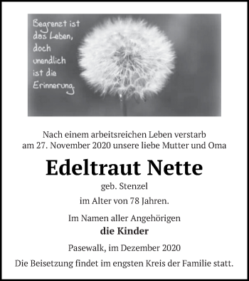 Traueranzeige von Edeltraut Nette von Pasewalker Zeitung