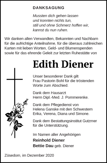 Traueranzeige von Edith Diener von Pasewalker Zeitung