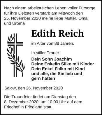 Traueranzeige von Edith Reich von Neubrandenburger Zeitung