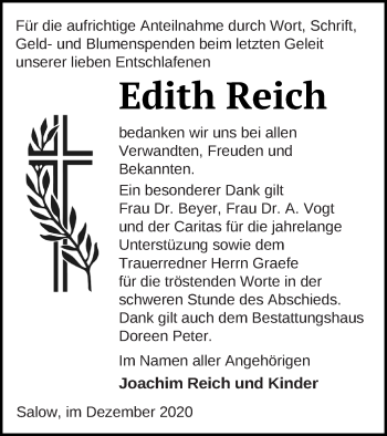 Traueranzeige von Edith Reich von Neubrandenburger Zeitung