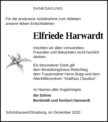 Traueranzeige von Elfriede Harwardt von Pasewalker Zeitung