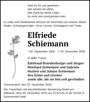 Traueranzeige von Elfriede Schiemann von Müritz-Zeitung