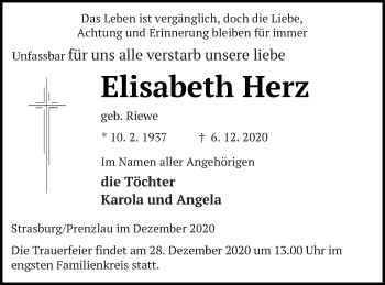 Traueranzeige von Elisabeth Herz von Pasewalker Zeitung