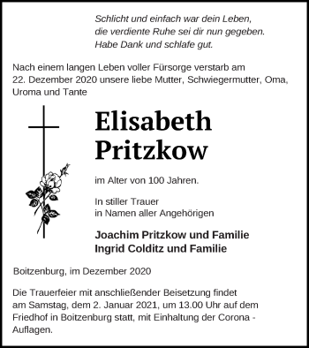 Traueranzeige von Elisabeth Pritzkow von Templiner Zeitung