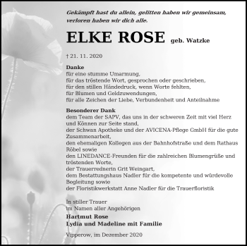 Traueranzeige von Elke Rose von Müritz-Zeitung