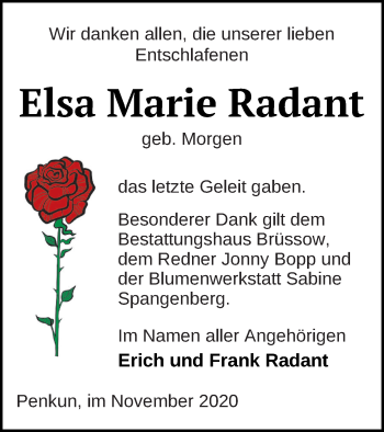 Traueranzeige von Elsa Marie Radant von Pasewalker Zeitung