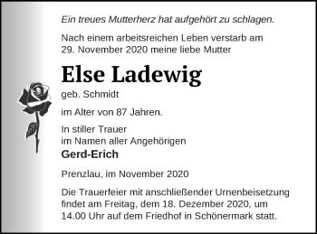 Traueranzeige von Else Ladewig von Prenzlauer Zeitung