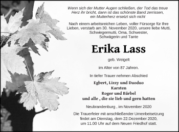 Traueranzeige von Erika Lass von Neubrandenburger Zeitung