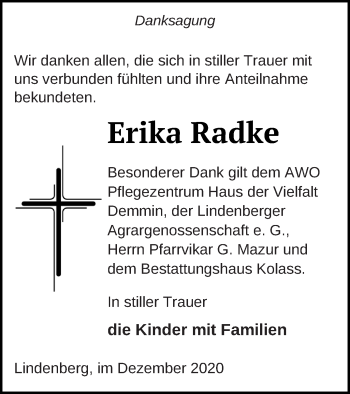 Traueranzeige von Erika Radke von Demminer Zeitung