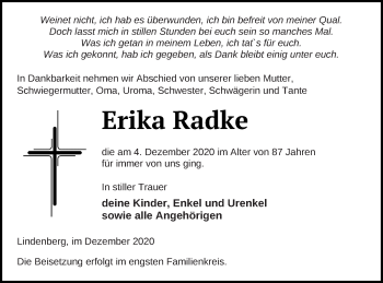 Traueranzeige von Erika Radke von Demminer Zeitung