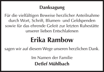 Traueranzeige von Erika Rambow von Zeitung für die Landeshauptstadt