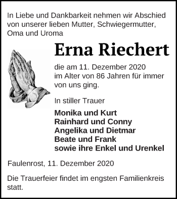 Traueranzeige von Erna Riechen von Mecklenburger Schweiz