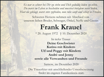 Traueranzeige von Frank Krauel von Vorpommern Kurier