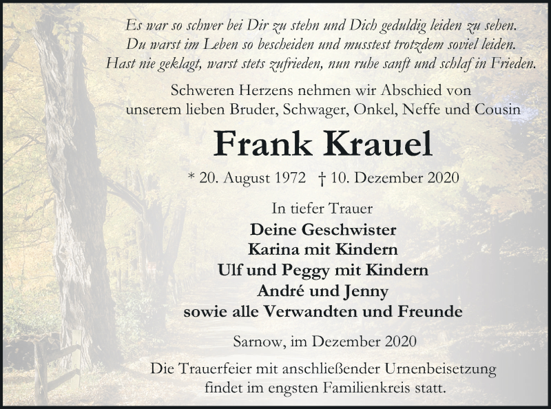  Traueranzeige für Frank Krauel vom 19.12.2020 aus Vorpommern Kurier