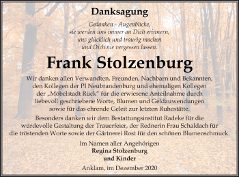 Traueranzeige von Frank Stolzenburg von Vorpommern Kurier