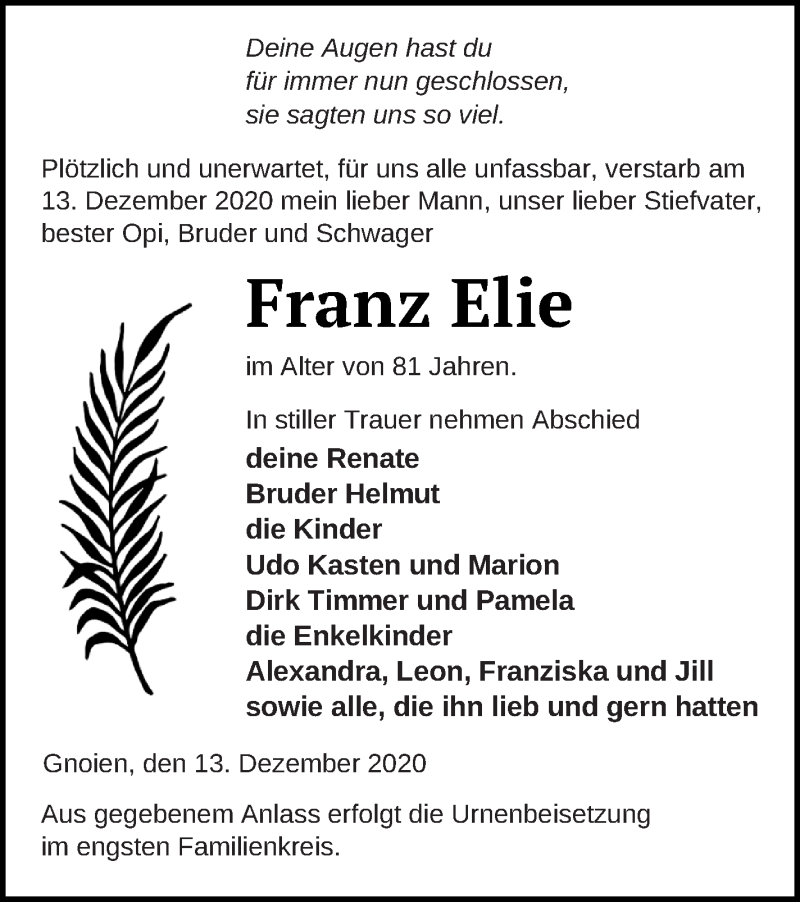  Traueranzeige für Franz Elie vom 18.12.2020 aus Mecklenburger Schweiz